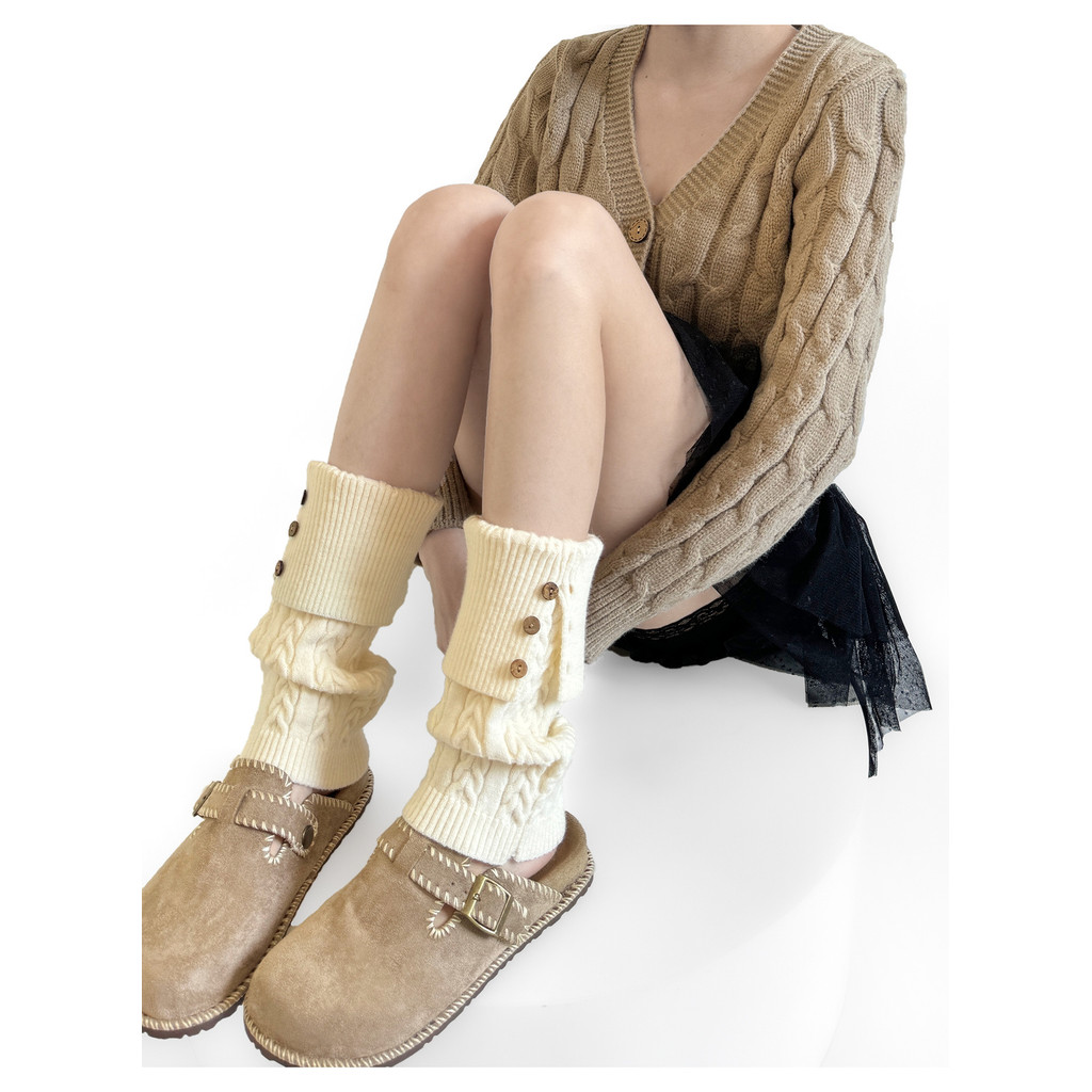 [OK Thể Thao Cuộc Sống] Mùa Thu Đông Họa Tiết Gai Dầu Vớ Viền Khóa Gỗ Y2K Dệt Kim Chân Trắng Retro R