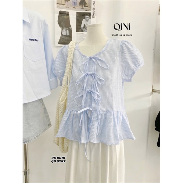[QINI] ÁO BAYBYDOLL SỌC THẮT NƠ XINH YÊU