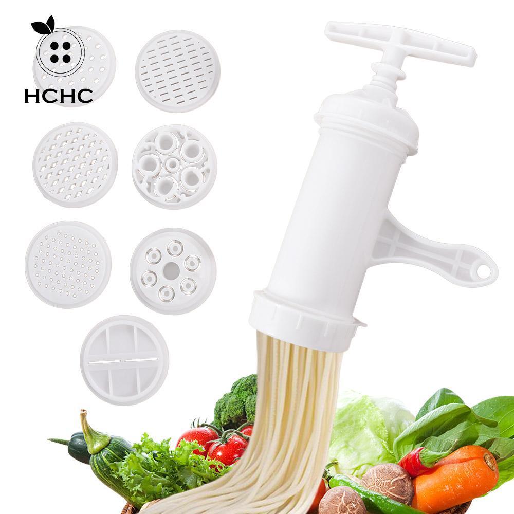 Máy làm mì ống HCHC, Máy ép mì thủ công màu trắng, Dụng cụ nhà bếp bằng nhựa với 7 khuôn in khác nhau Máy làm mì nhà hàng