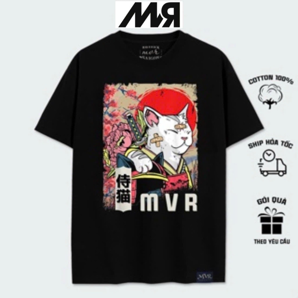 ÁO THUN MVR UNISEX - Cat Samurai Japan - ĐEN/ TRẮNG