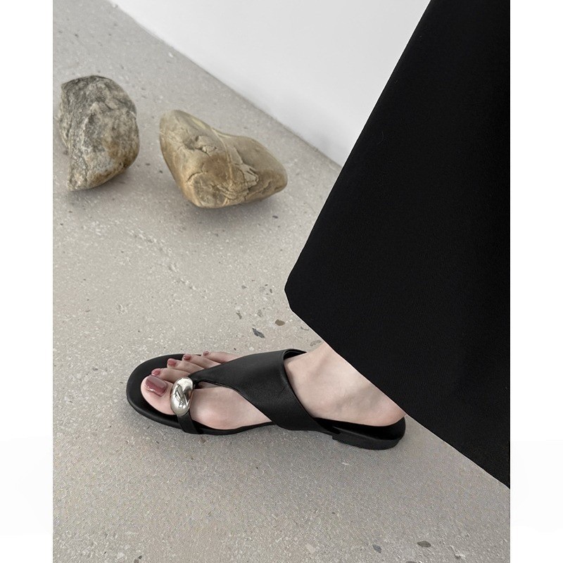 Ngày lễ Nangang ~Retro Mũi Tròn Flip-Flops Mở Mũi Bằng Dép Đi Bộ Dép Nữ Mùa Hè