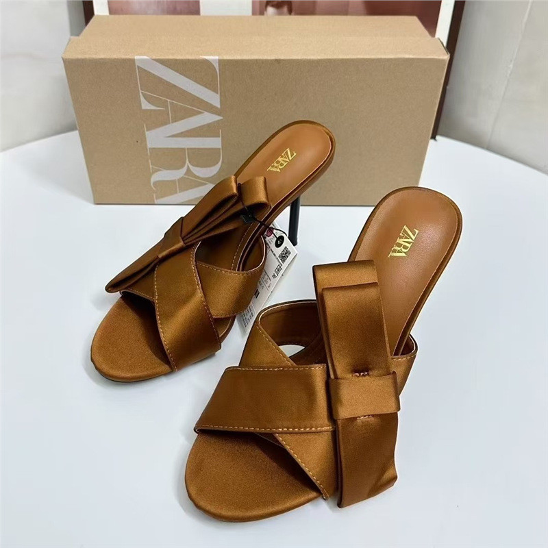 ZARA 2025New Women's Shoes High Heels Elegant Socialite Bow Decoration High Heels Open Toe Sexy Slip