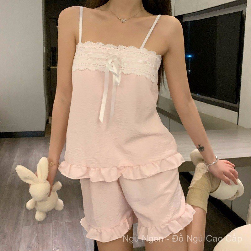 Bộ Đồ Ngủ Nữ Gợi Cảm Tencel Cotton Thoáng Mát, Có Miếng Lót Ngực, Màu Trơn