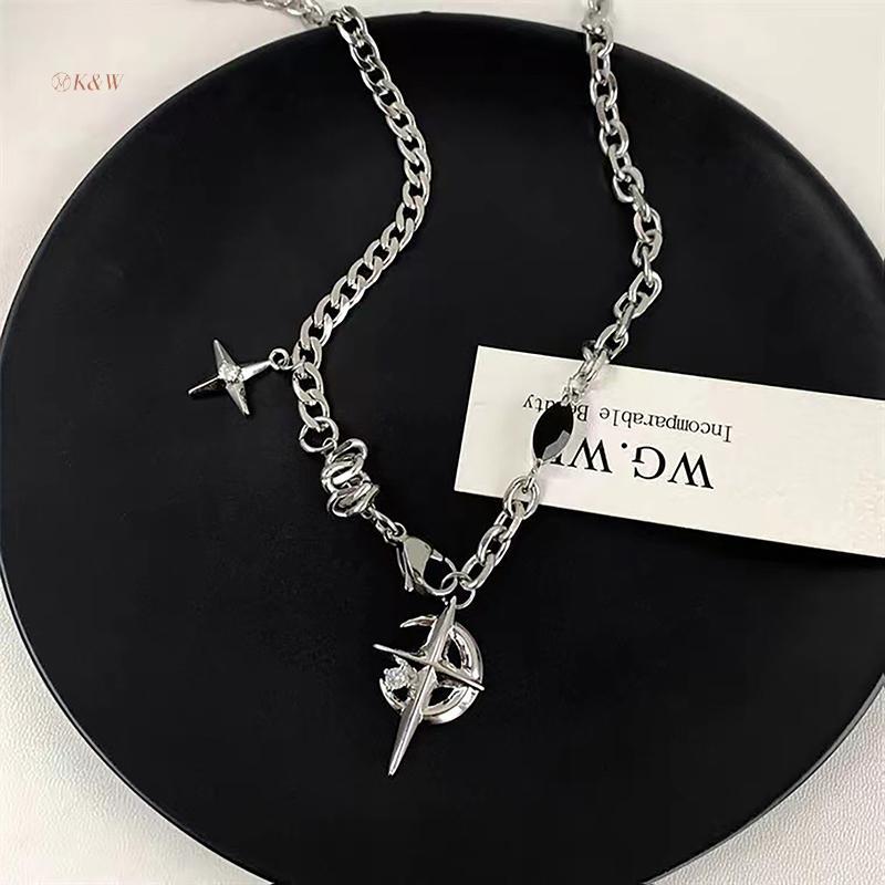 K & W Y2K Dây Chuyền Mặt Trăng Ngôi Sao Zircon Phong Cách Punk Đen