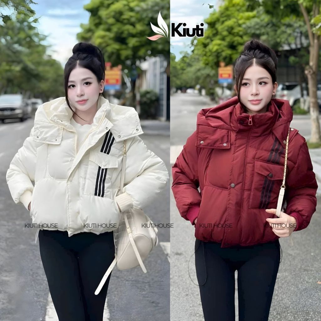 Áo Khoác Phao Nữ Túi Ngực 3 Sọc KIUTI Có Mũ Dày Dặn Áo Phao Trần Bông Chống Nước Dáng Ngắn Ulzzang