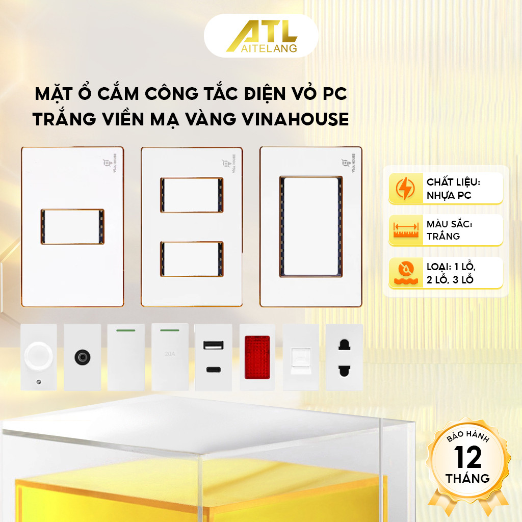 Mặt ổ cắm công tắc điện vỏ PC trắng viền mạ vàng VinaHouse, bền đẹp, dễ lắp đặt, an toàn điện