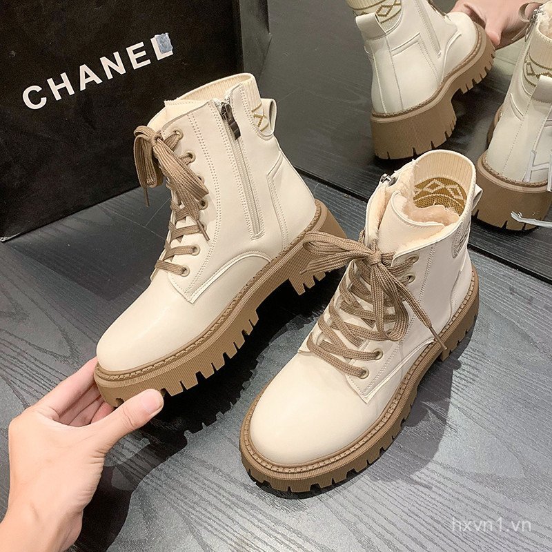 Giày bốt Martin dệt kim dệt kim dày dặn màu trơn Bafeng Winter Velvet