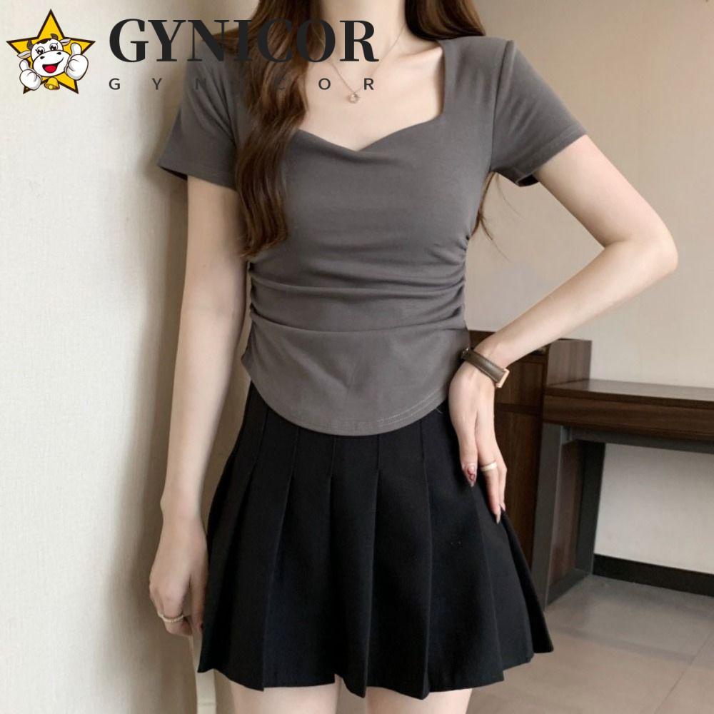 Áo Crop Top GYNICOR Y2K, Phong Cách Hàn Quốc Slim-Fit, Ruffles Short Sleeve Summer Outfit