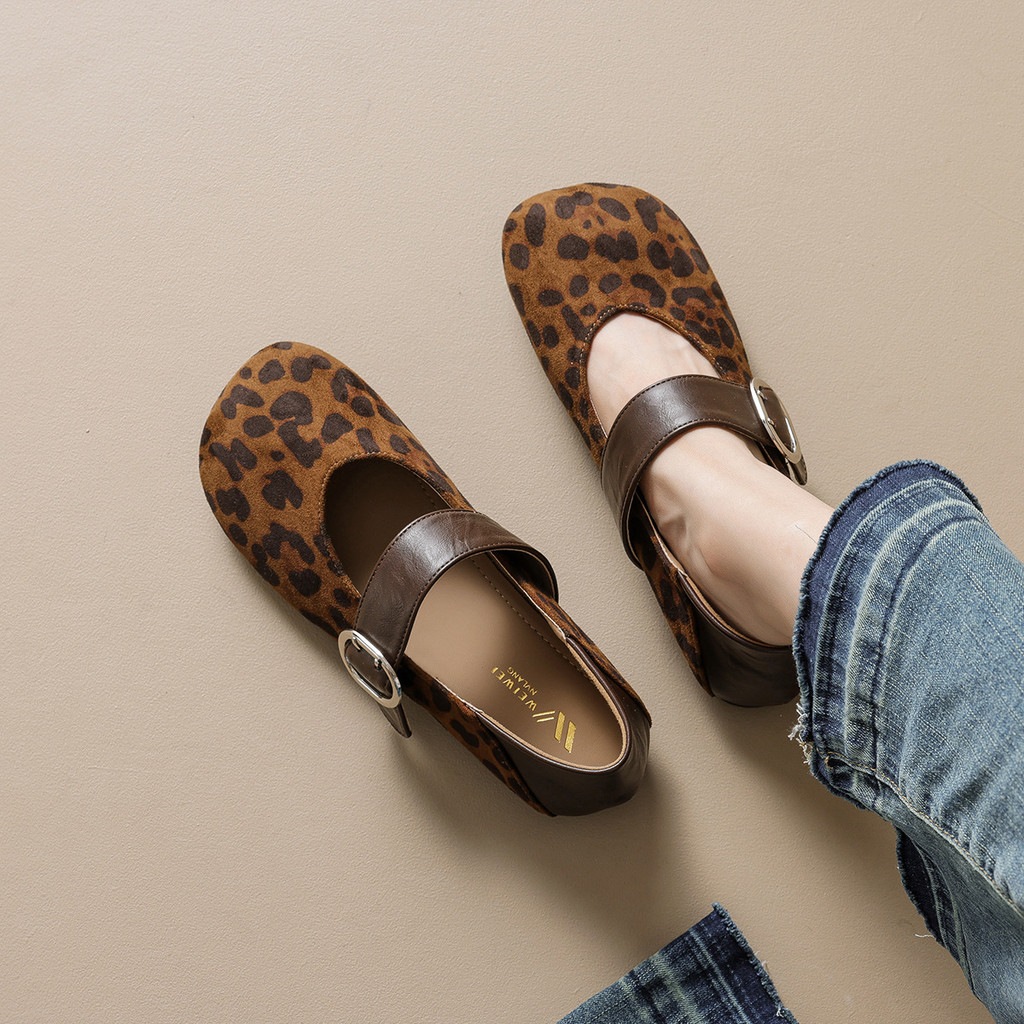 Plus Size 41 42 43 Nữ Retro Da Báo In Mary Jane Ballet Flats - Giày Đế Bằng Một Dây Đeo Thấp