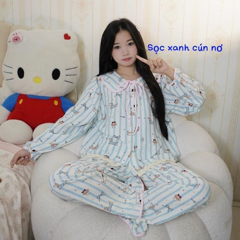 DÀI TAY Cổ SEN bộ ngủ nữ tiểu thư cổ sen vải đũi bôngmây mùa thu mặc đi ngủ thoải mái Women Quần Ngủ Áo Ngủ Cotton sen 5 | BigBuy360 - bigbuy360.vn