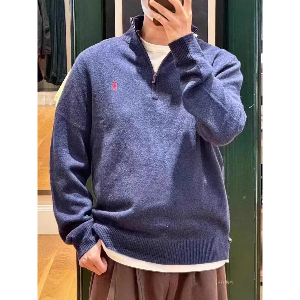 RL Pony Embroidered Stand Collar Half-Zip Knitted Sweater Couple Style Loose Old Money Style