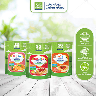 Lốc 3 Nui Mỳ Baby Ăn Liền SG Food (Nui xoắn bò bằm, nui nơ cá hồi, mỳ ý thịt thăn)
