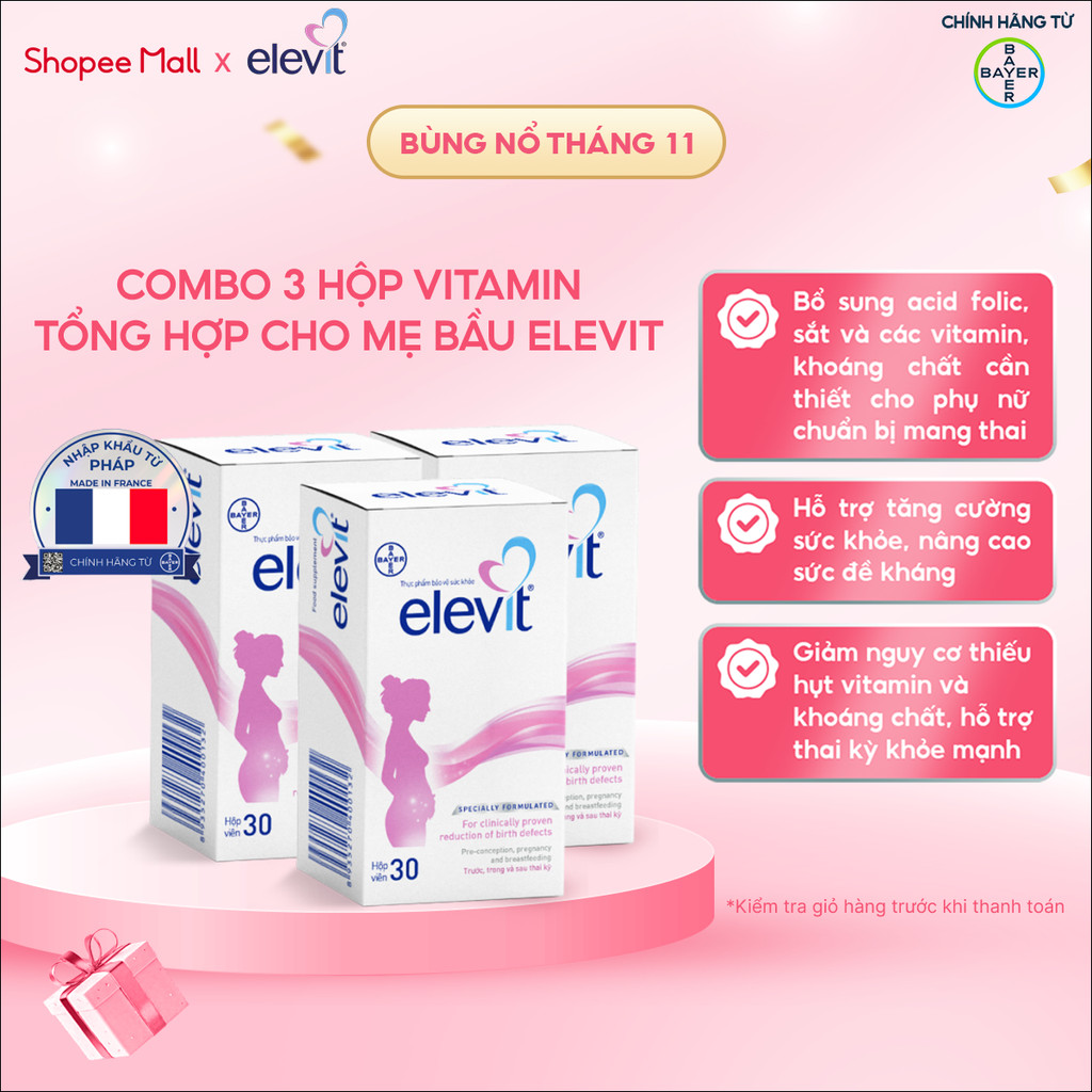 Bộ 3 Thực phẩm bảo vệ sức khỏe Elevit bổ sung Acid Folic, Sắt, Canxi, Các Vitamin và Các khoáng chất