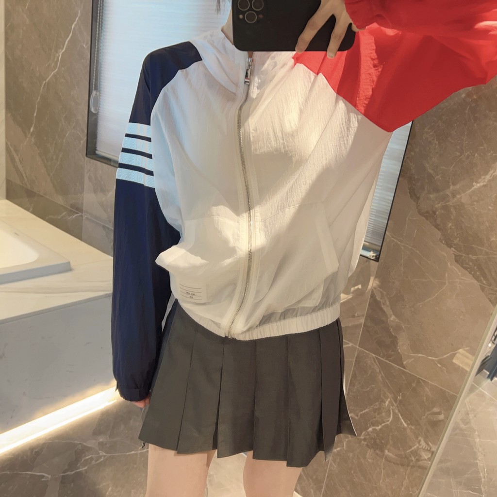 P2XK New Color-Block Four-Stripe Cardigan Sun Protection Jacket for Women, Loose Casual Thin Breatha