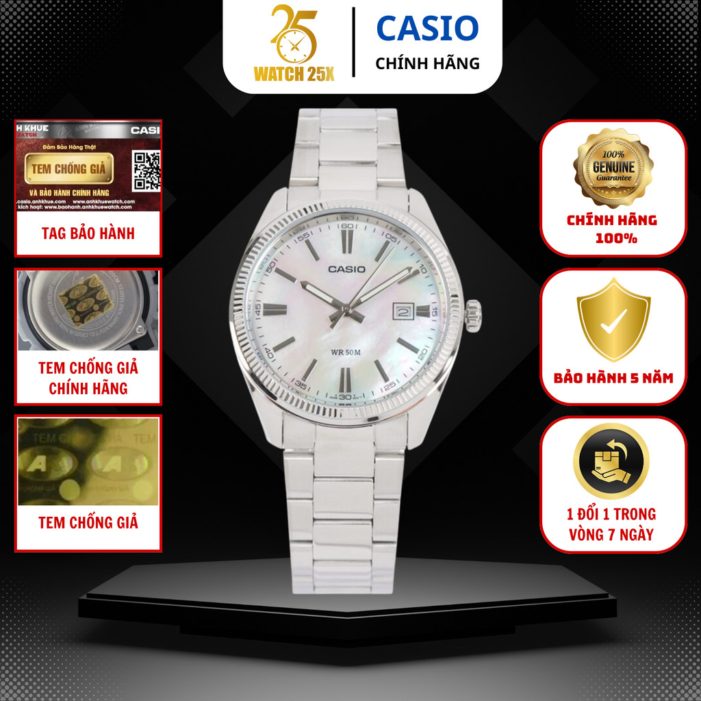 Đồng Hồ Casio MTP-1302DS-7AVDF Nam Watch25x 38.5mm Bạc Dây Kim Loại Mặt Xà Cừ Lịch Ngày WR50M