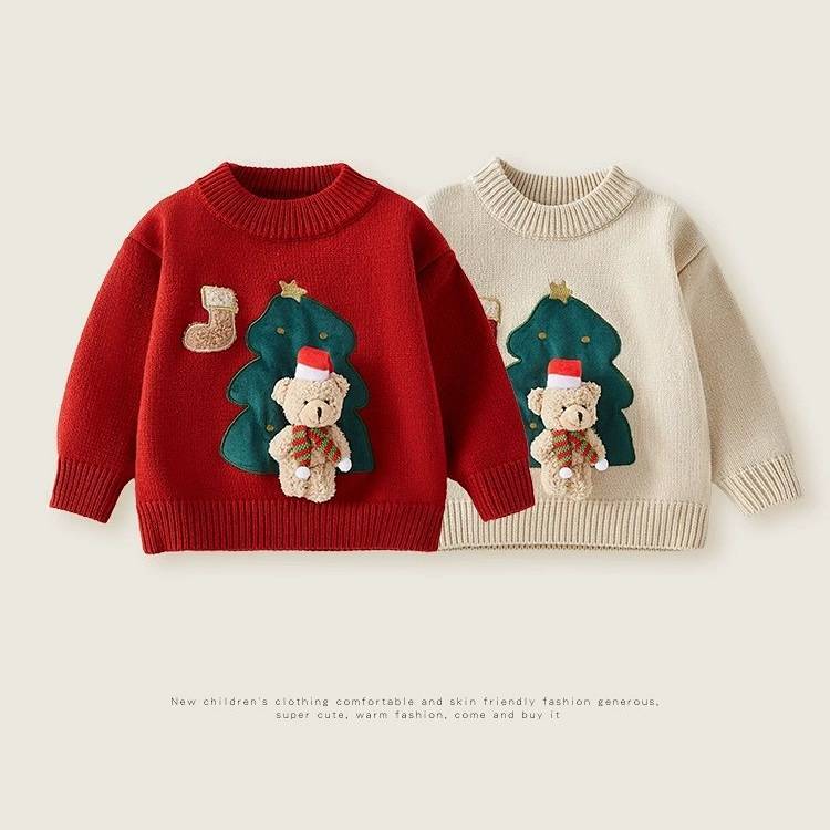 Girls' Christmas Sweater 2025 Autumn and Winter New Thickened Children's Baby Girls' Red Western Sty