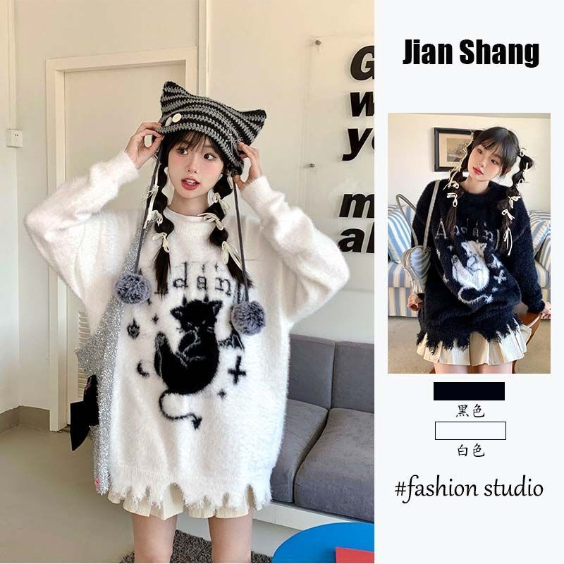 [Áo Len Lười Thu Đông] Mỹ Retro Devil Cat Jacquard Cổ Tròn - Phong Cách Dệt Kim Hàng Đầu