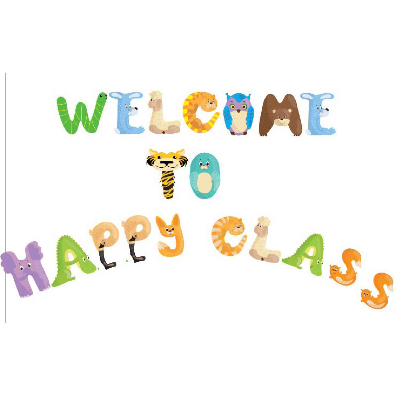 Bộ trang trí bảng WELCOME TO HAPPY CLASS (gồm chữ cái, hình trang trí và nam châm lá