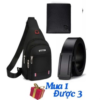 Combo Bộ 3 Túi Đeo Chéo Thời Trang Unisex Có Lỗ Sạc, Lỗ Tai Nghe + Thắt Lưng Da Khóa Tự Động + Ví Da Nam Dáng Đứng