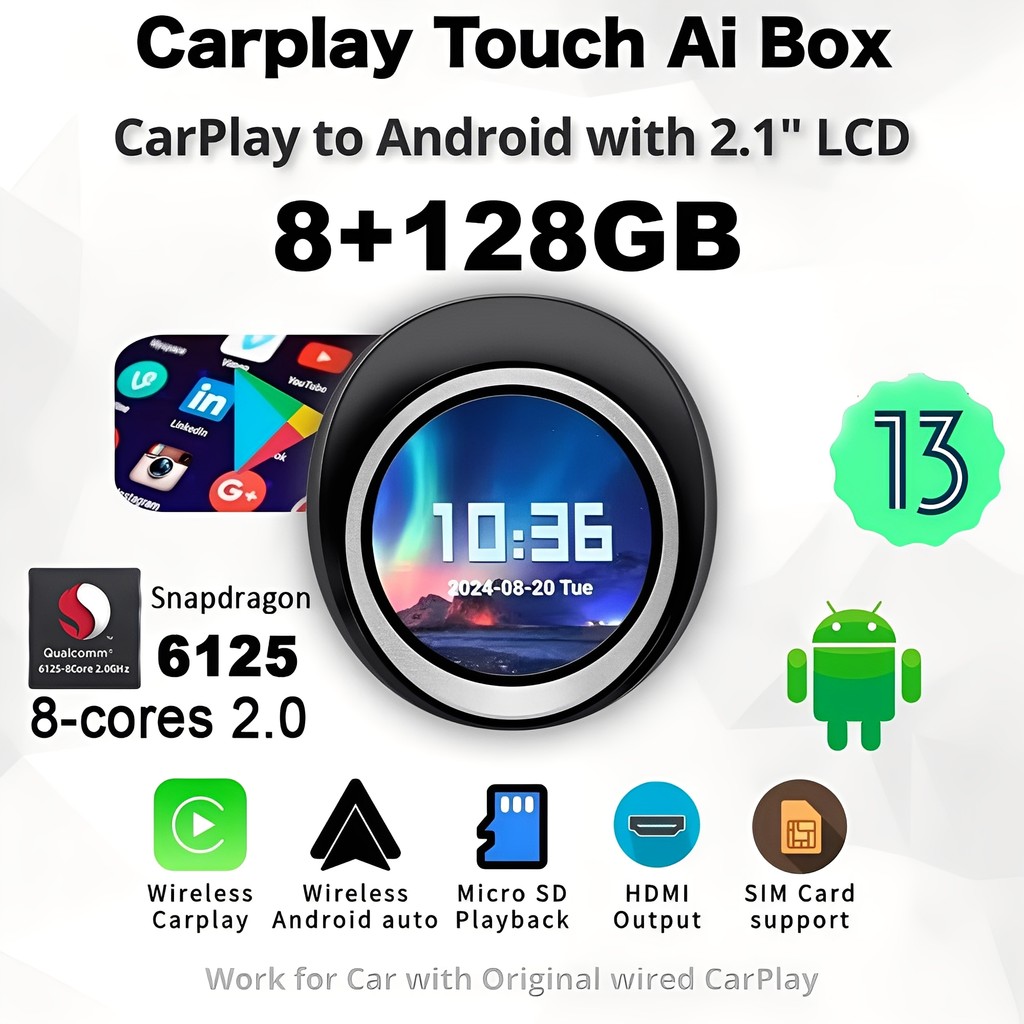 MỚI 2.1 Inch HD APPLEPIE Touch Carplay Ai Box Android 13 Wireless CarPlay Android Auto 8 + 128GB QCM