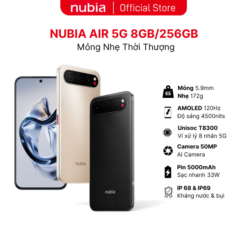 [Live] Điện thoại Nubia Air 5G 8GB/256GB I chip Unisoc T8300 I màn AMOLED 4500nits I IP68 & IP69 I P