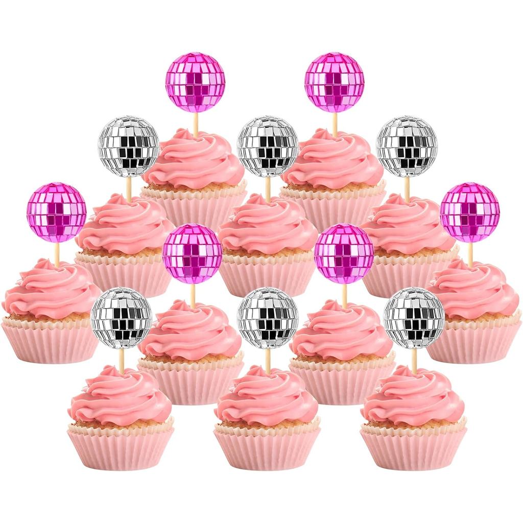 JOERSH 24 chiếc Disco Ball Cupcake Toppers - 1970 Disco Ball Picks Trang trí bánh chủ đề Disco cho b