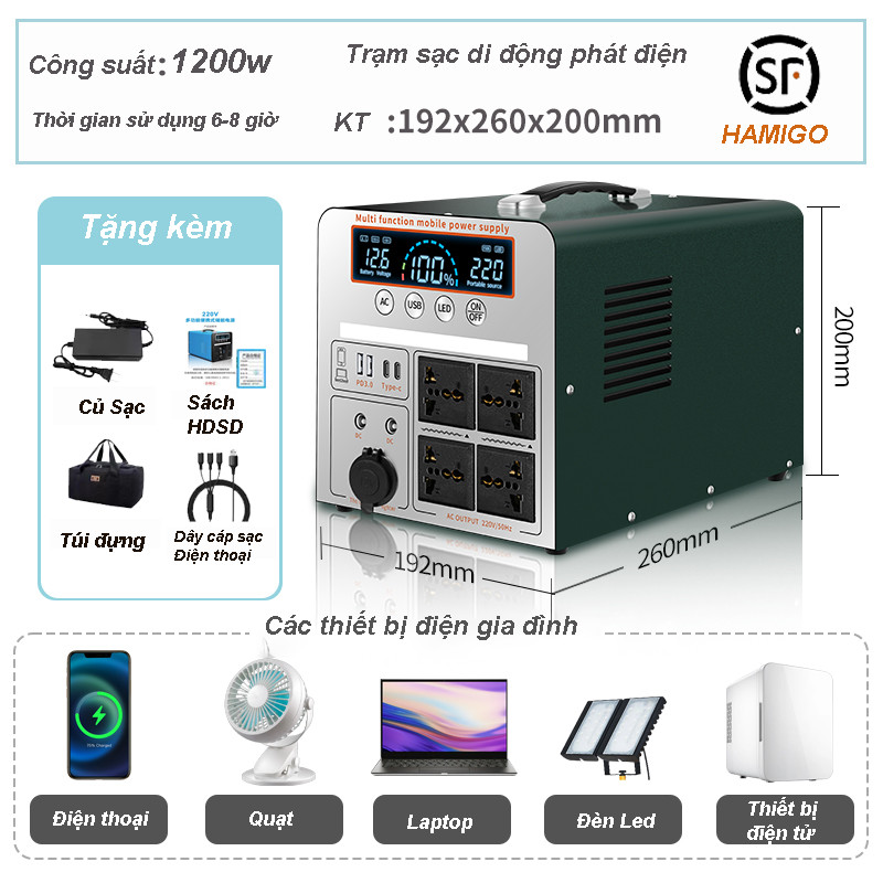 Trạm Sạc Điện Di Động Đa Năng 220V Công suất 1200W, Dung Lượng Pin 5 Triệu 6 mAh , Trạm sạc điện dự 