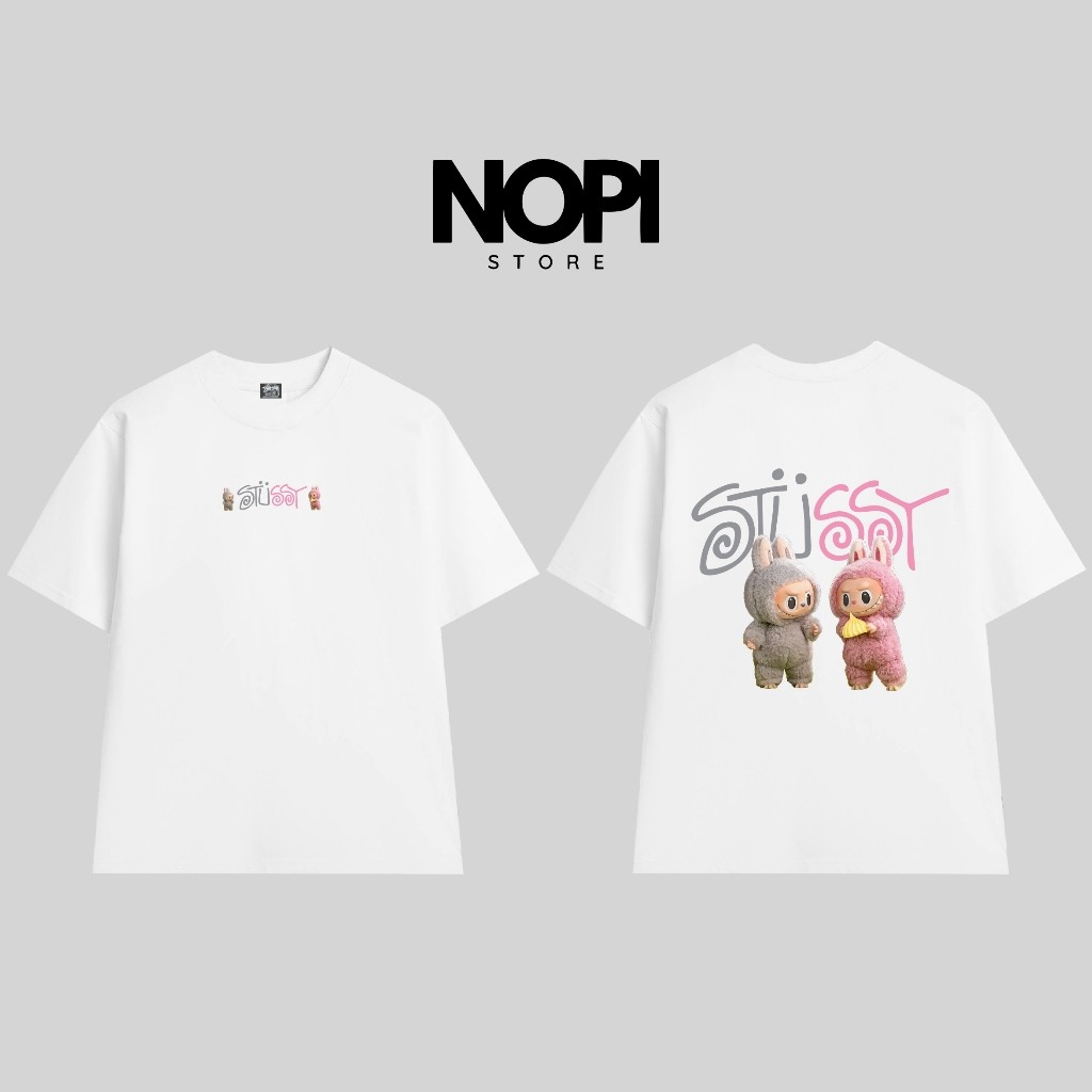 ÁO THUN STUSSY LABUBU XÁM HỒNG FORM RỘNG NAM NỮ UNISEX VẢI COTTON CAO CẤP DÀY DẶN - NOPI STORE