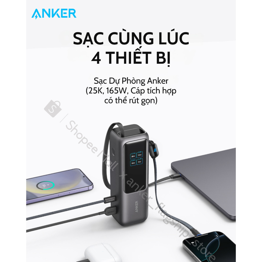 [TặngQuạtMini] Sạc dự phòng ANKER Zolo 25kmAh | Công suất 165W | Tích hợp 2 cáp USB-C rút gọn | Có màn hình - A1695 | BigBuy360 - bigbuy360.vn