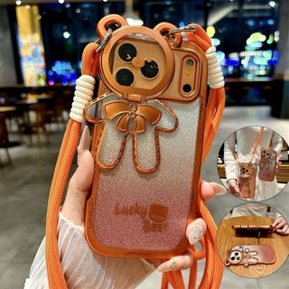  Sang Trọng Vũ Trụ Cam Lấp Lánh Gấu Giá Đỡ Dây Buộc Ốp Lưng Điện Thoại iPhone 17 16 15 14 13 12 Pro Max Plus Đeo Ngang Gradient Đứng Bling Bìa Mềm 