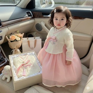  Hanbok Hàn Thêu Hoa Kem Phối Đầm Hồng Co Dãn Kèm Cài Cho Bé Gái Từ 4-30kg 