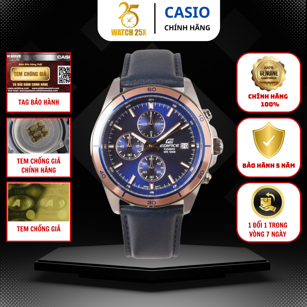 Đồng Hồ Casio Edifice Nam EFR-526L-2AVUDF Watch25x - Chronograph Thể Thao - Mặt Xanh Rose Gold
