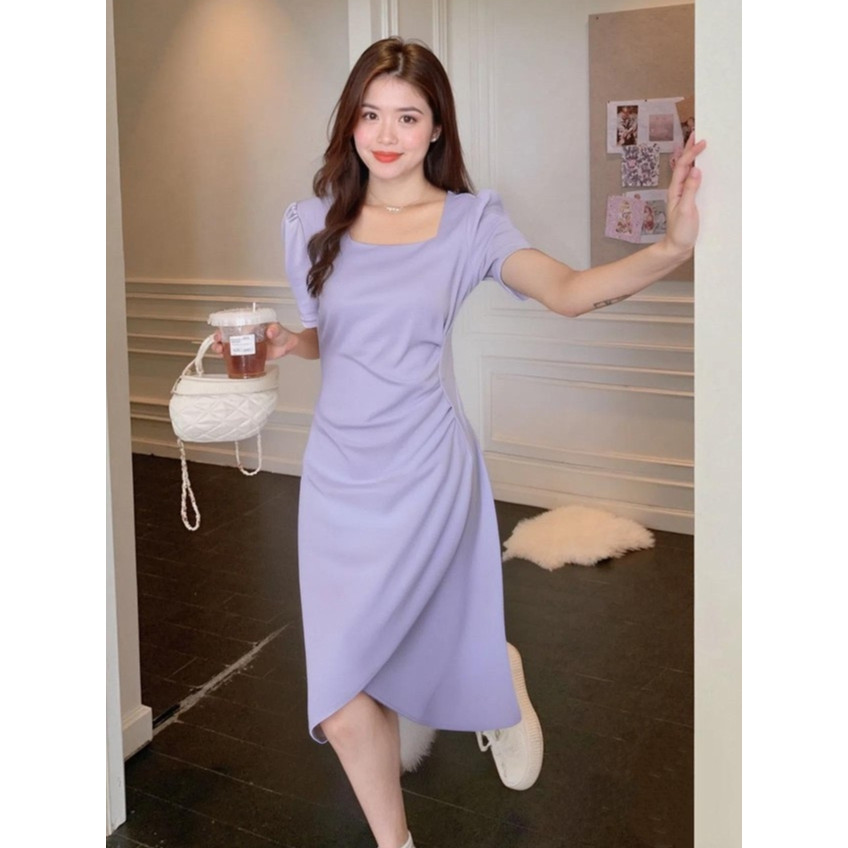 Đầm tím tay ngắn nữ body suông dáng dài đầm dự tiệc sang chảnh pháp xinh cổ vuông hack dáng