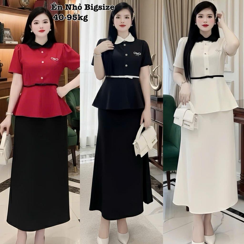 Set Áo PEPLUM Cổ Sen Đính Nơ Kèm Chân Váy Chữ A Dài Phù Hợp Đi Chơi Đi Tiệc Xinh Nhẹ Nhàng Thiết Kế 
