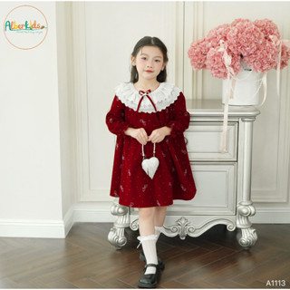  Váy bé gái ALBERKIDS nhung đính đá nơ lấp lánh cổ ren cho trẻ em 2-12 tuổi A1113 