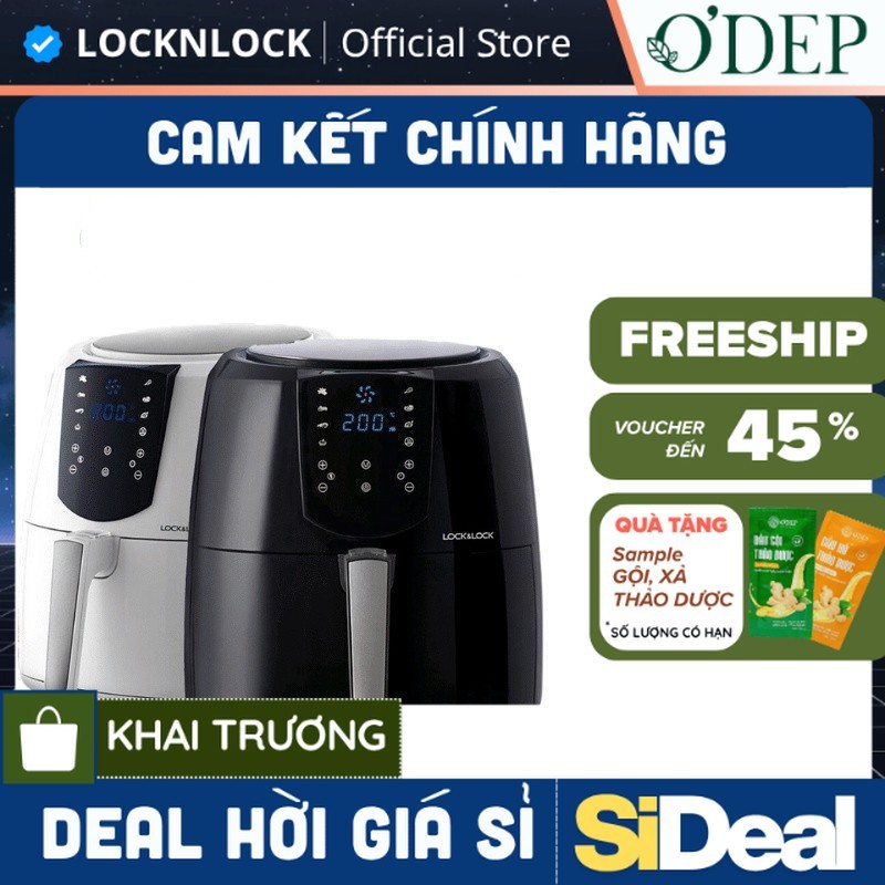 Nồi chiên không dầu điện tử 5,2L LocknLock Chính hãng, Kèm chảo nướng bánh EJF357BLK 1800W - SIDEAL 