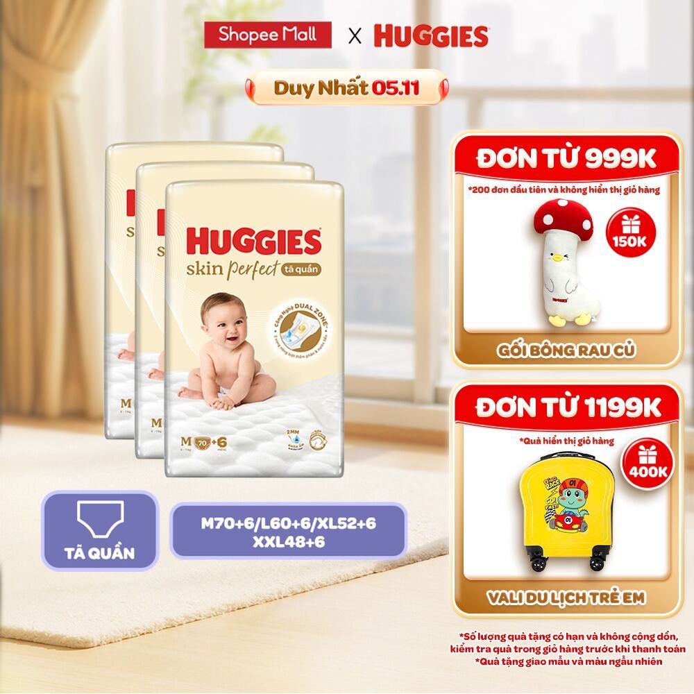 [Live Độc Quyền] Combo 3 gói Tã/ Bỉm quần Huggies Skin Perfect M/L/XL/XXL Super/Mega Jumbo