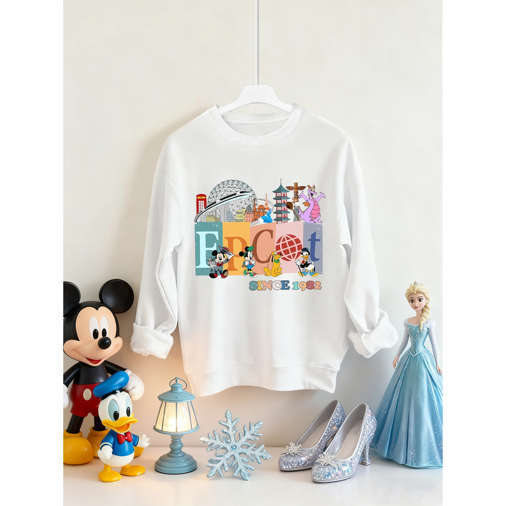 Áo nỉ dài tay cổ tròn họa tiết Disney Epcot, phong cách retro