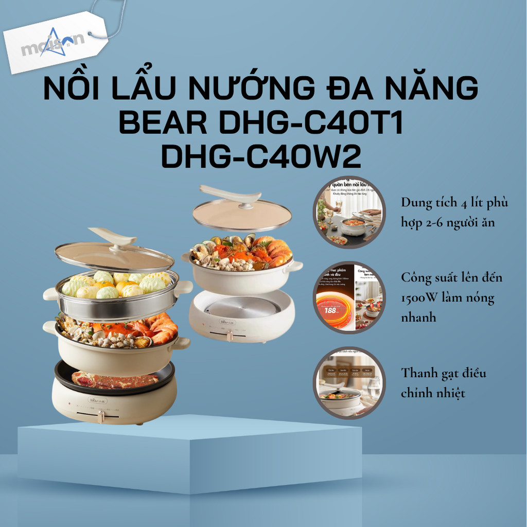 Nồi lẩu nướng đa năng Bear DHG-C40T1 | DHG-C40W2 | Lòng nồi chống dính tháo rời - Bảo Hành 18 Tháng