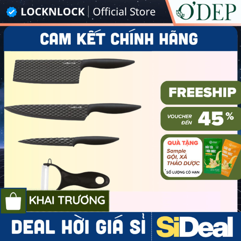 Bộ dao 4 món LocknLock, chống dính, chất liệu thép không gỉ (3 dao 1 bào) - Màu đen CKK104S4 - SIDEA