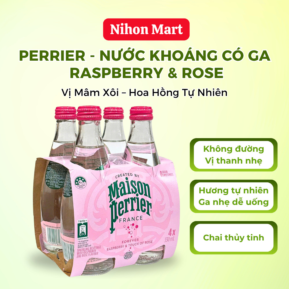 Nước Khoáng Có Ga Perrier Maison Forever Raspberry & Rose 330ML – Lốc 4 Chai Hương Mâm Xôi Hoa Hồng