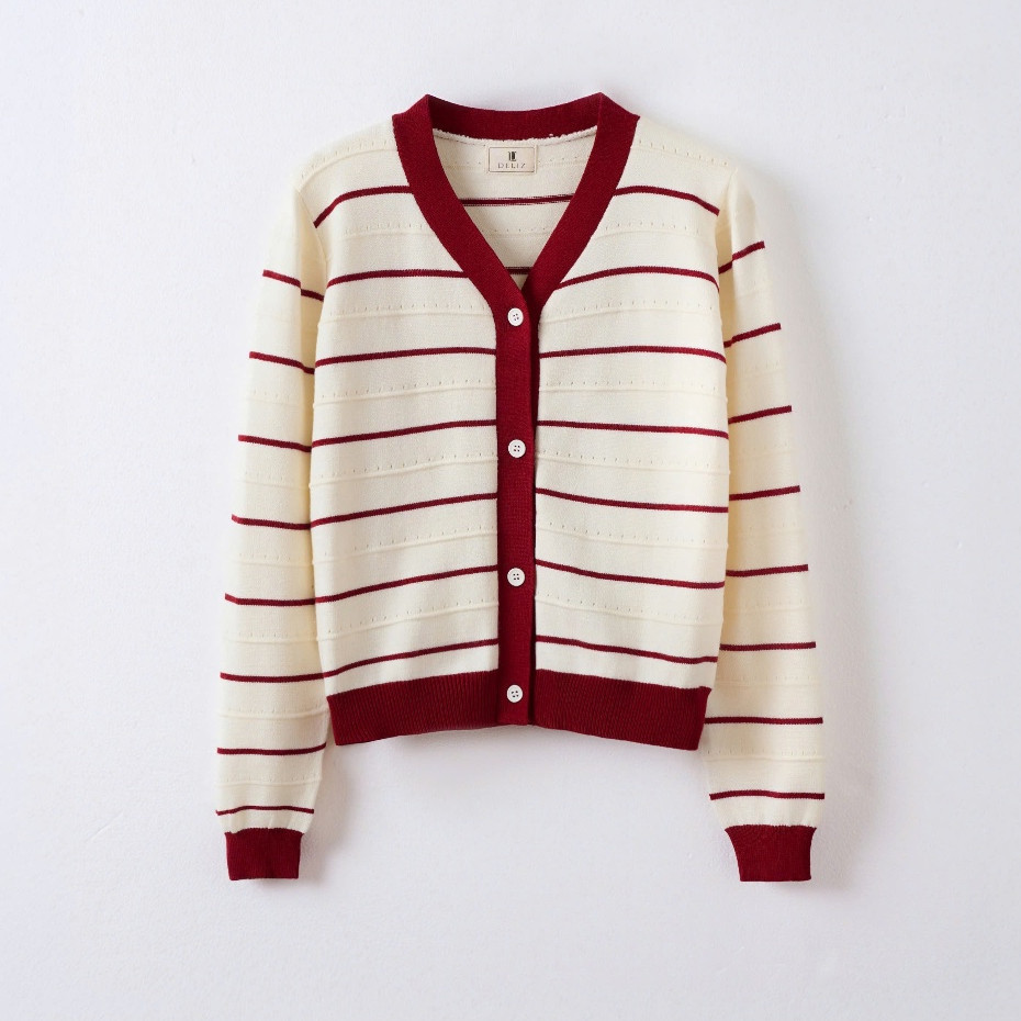 [DELIZ] - Áo khoác cardigan viền đỏ dài tay len lông thỏ mịn hàng cao cấp DELIZ CD835 350G