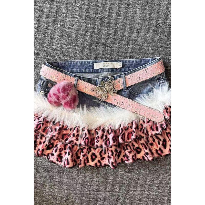 Y2k Hồng Da Báo Vintage Denim Khâu Váy Da Báo In Váy Denim Millennium Yabi Hot Girl Váy Denim