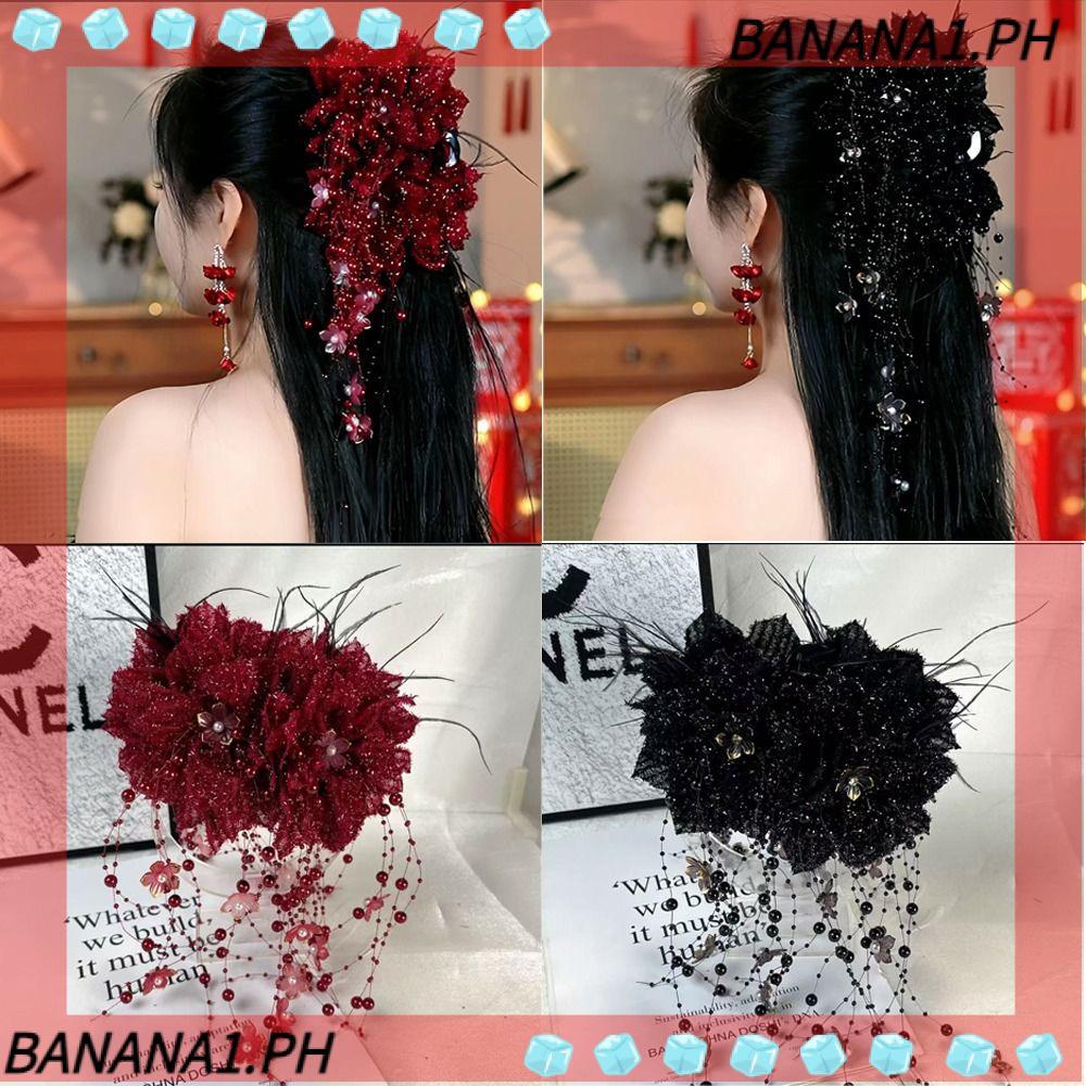 Kẹp Tóc BANANA, Kẹp Tóc Hoa Thanh Lịch, Tua Rua Hạt Lớn Cá Mập Kẹp Phụ Kiện Tóc