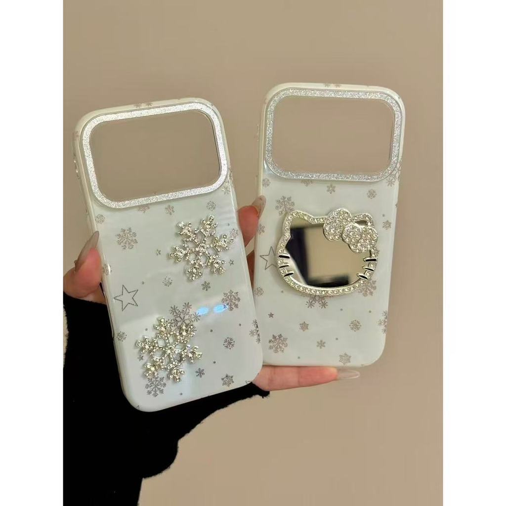 Winter ins Full Màn Hình Lấp Lánh Ba Chiều Gương Bông Tuyết Mèo Thích Hợp Cho ihone17promax16 Vỏ Điệ