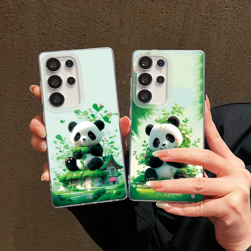 Ốp Điện Thoại Gấu Trúc Lá Hoạt Hình Dễ Thương IMD Siêu Mỏng Sang Trọng Cho Samsung Galaxy S25 S24 S2