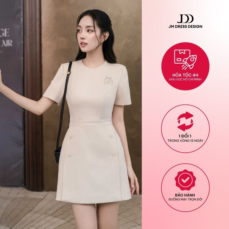 Đầm cổ tròn thêu ngực, chân tà bung 1S31.2504K, váy ngắn dáng a thanh lịch công sở trẻ trung hiện đạ