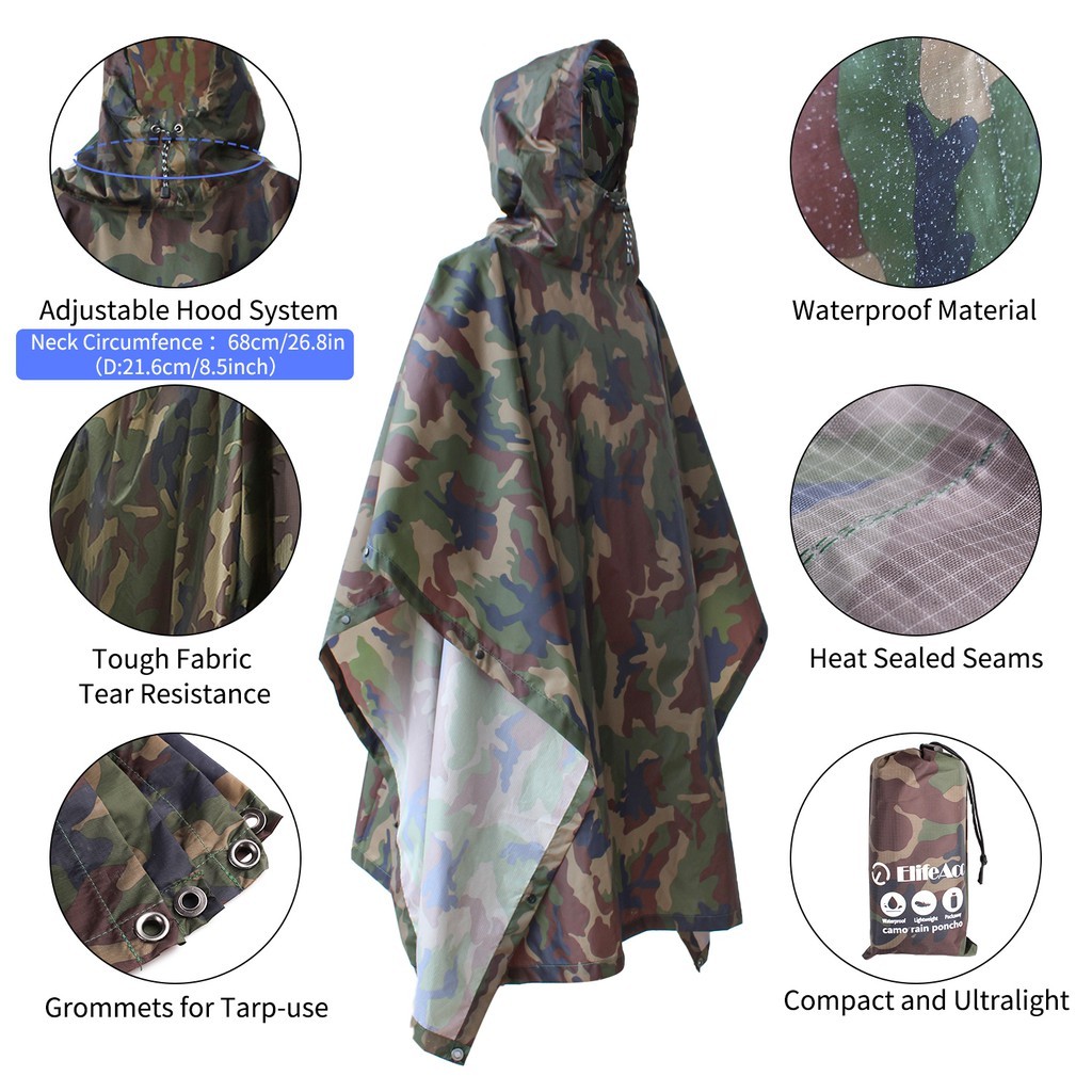 Chất Lượng Cao Nhẹ Camo Chống Thấm Nước Có Mũ Trùm Đầu Áo Mưa Dài Poncho Cắm Trại Bạt MỚI Unisex Đa 
