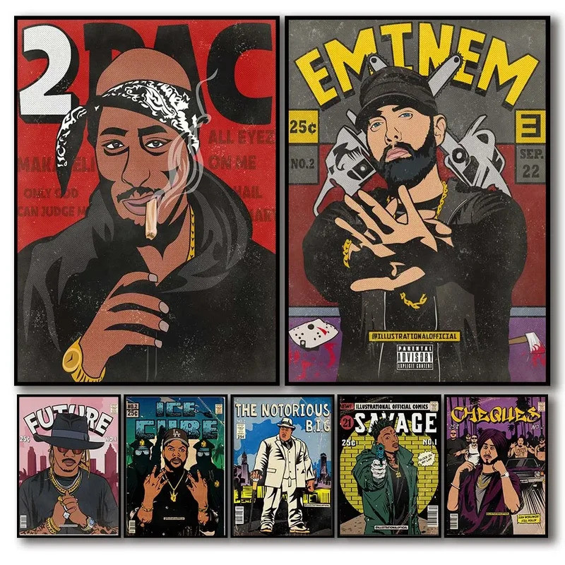 Pop Hip Hop Rapper Eminem Comic Poster Thẩm Mỹ 2PAC Lớn Tương Lai Album Nhạc Bao Manga Canvas In Tườ