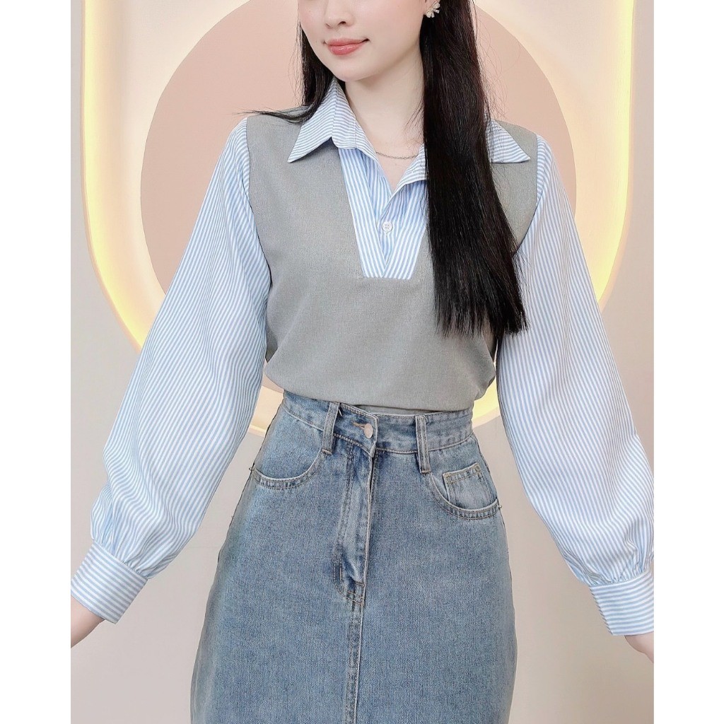 Áo Somi thiết Kế Nữ LAMO DESIGN Áo sơ mi nữ hàn quốc sọc phối màu trẻ trung  màu thu xinh xắn LAMO_B